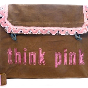 think pink, olive, recycled laptop bag, school bag, shoulder bag for women, shoulder bag for men image 1