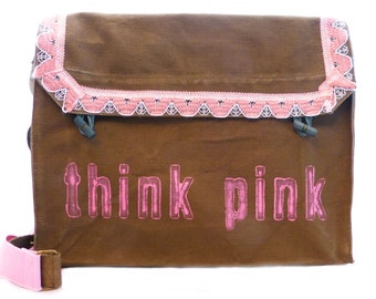 think pink, olive, recycled laptop bag, school bag, shoulder bag for women, shoulder bag for men