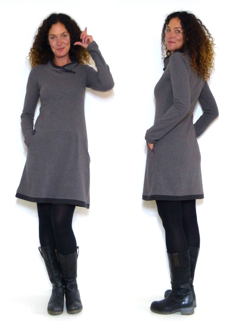 Women's dress with pockets, gray, anthracite with shawl collar image 2