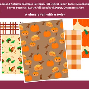 Fall Seamless Patterns, Autumn Digital Paper, Pumpkin Mushroom Plaid Patterns, Woodland Scrapbook Paper, Commercial Use