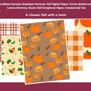 Fall Seamless Patterns, 12 Autumn Digital Papers with Pumpkin and Plaid Designs