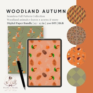 Op de afbeelding: Woodland Autumn naadloze herfstpatronen collectie digitaal papierbundel met bosdieren, bladeren en eikels. Bevat 12 x 12 inch, 300 DPI, RGB-bestanden. Toont diverse herfstthema patronen op een tabletscherm en in cirkelvormige stalen.