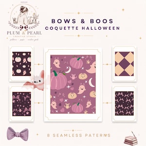 Halloween Pattern Digital Paper, 8 Seamless PNG and JPG Designs with Ghosts and Pink Pumpkins