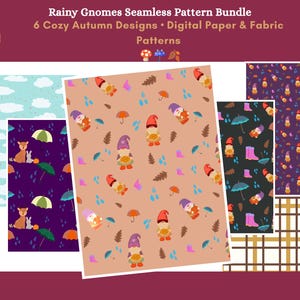 Rainy Gnomes Seamless Patterns | Cute Autumn Gnome Digital Paper | Fall Fabric Designs | Kids Woodland Pattern Bundle
