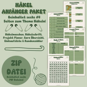 May include: A digital crochet starter kit featuring six A4 pages in a sage green and cream color scheme. The set includes guides for crochet stitches, symbols, a project planner, yarn inventory, shopping list, and a row counter in PDF format.