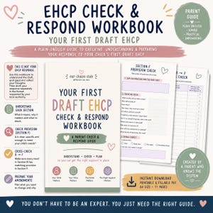 May include: An EHCP Check & Respond Workbook featuring a white cover with dark blue and multicolored text. The workbook includes internal pages with Section F Provision Check forms, checkboxes, and instructional text for parents. It is an A4 size PDF.