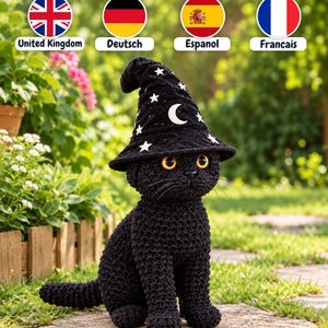 May include: A black crocheted cat figurine wearing a black pointed wizard hat decorated with white embroidered stars and a crescent moon. The cat has large amber-coloured eyes, a small black nose, and a textured yarn body sitting upright.