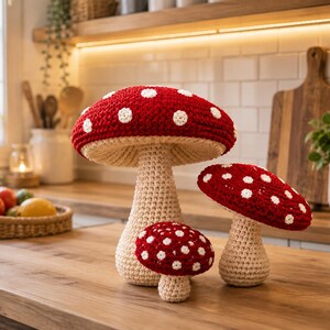 Puede incluir: Tres figuras de setas de ganchillo de diferentes tamaños, cada una con un sombrero rojo vibrante con puntos blancos bordados y un tallo beige texturizado. Las setas están hechas con bucles de hilo visibles, creando un aspecto suave y redondeado.