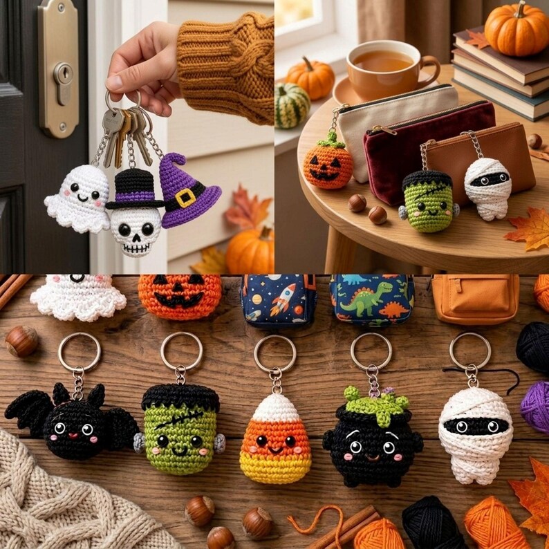 Puede incluir: Una colecci&oacute;n de llaveros de ganchillo con tem&aacute;tica de Halloween que incluye varios personajes como un fantasma, una calavera, un sombrero de bruja, una calabaza, Frankenstein, una momia, un murci&eacute;lago, ma&iacute;z dulce y un caldero.