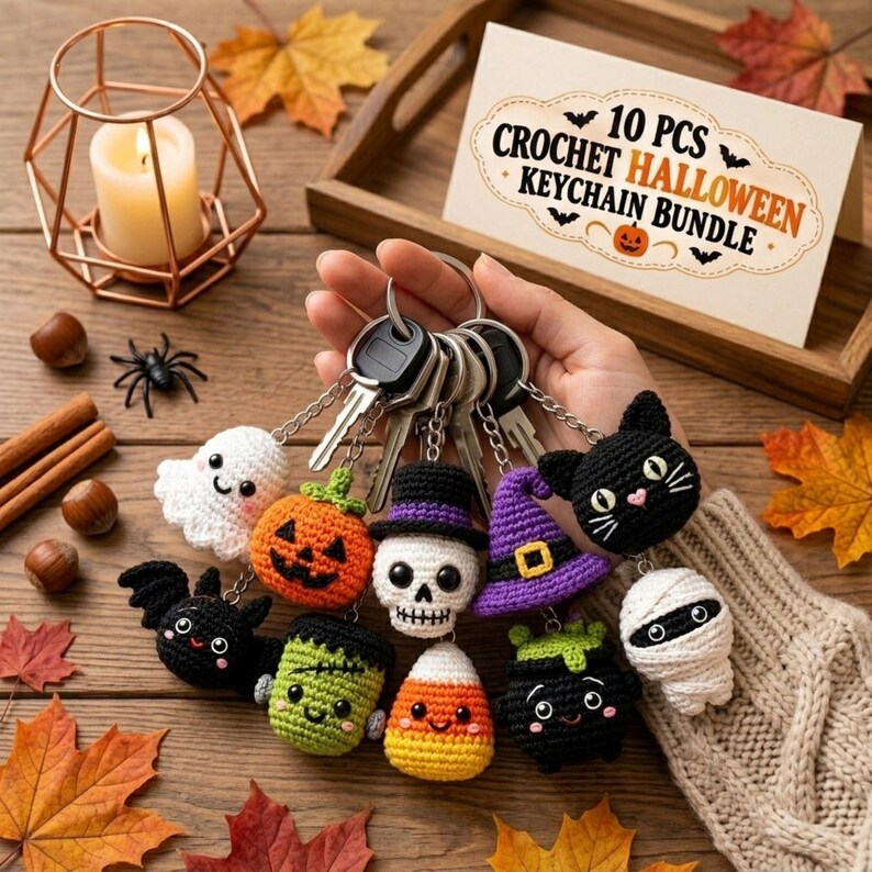Puede incluir: Un conjunto de 10 llaveros de Halloween tejidos a ganchillo que incluye un fantasma blanco, calabaza naranja, murci&eacute;lago negro, monstruo de Frankenstein verde, calavera con sombrero, ma&iacute;z dulce, sombrero de bruja, gato negro y una momia blanca.