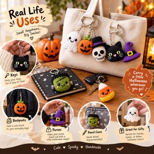 Puede incluir: Una colecci&oacute;n de llaveros de Halloween tejidos a ganchillo que incluye un fantasma blanco, una calabaza naranja, una calavera con sombrero morado, un gato negro, un monstruo de Frankenstein verde, ma&iacute;z dulce y un sombrero de bruja morado.