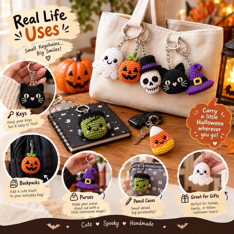 Puede incluir: Una colecci&oacute;n de llaveros de Halloween tejidos a ganchillo que incluye un fantasma blanco, una calabaza naranja, una calavera con sombrero morado, un gato negro, un monstruo de Frankenstein verde, ma&iacute;z dulce y un sombrero de bruja morado.