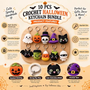 Puede incluir: Un conjunto de 10 llaveros de Halloween tejidos a ganchillo con peque&ntilde;os personajes de peluche que incluyen un fantasma, calabaza, calavera, sombrero de bruja, gato negro, murci&eacute;lago, monstruo de Frankenstein, caramelo, caldero y momia.