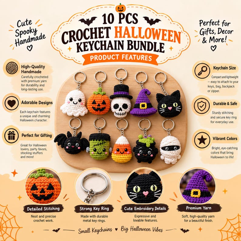 Puede incluir: Un conjunto de 10 llaveros de Halloween tejidos a ganchillo con peque&ntilde;os personajes de peluche que incluyen un fantasma, calabaza, calavera, sombrero de bruja, gato negro, murci&eacute;lago, monstruo de Frankenstein, caramelo, caldero y momia.