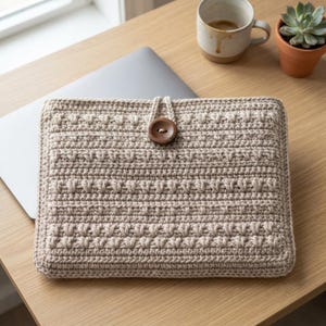 Può includere: Una custodia rettangolare per computer portatile realizzata all'uncinetto in color beige, caratterizzata da un motivo testurizzato a righe orizzontali e un singolo bottone in legno marrone scuro al centro. Realizzata in filato spesso.