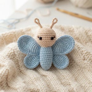 May include: A crocheted butterfly toy featuring a beige head with dark brown safety eyes and stitched eyelashes, two beige antennae, and a light blue body with four matching light blue wings. The butterfly is crafted with a tight stitch pattern.