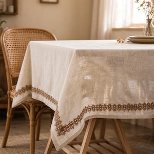 May include: A rectangular beige tablecloth made of a textured fabric featuring a decorative brown embroidered border with a repeating floral pattern along the edges, draped over a wooden table with a matching wooden chair nearby.