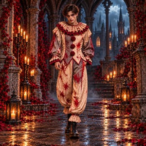 Può includere: Un costume da clown beige e grigio con colletto a balze, maniche lunghe con polsini a balze e pantaloni larghi. L'indumento è decorato con tre pon-pon rosso scuro sul davanti e presenta un motivo a schizzi di colore rosso su tutto il tessuto.