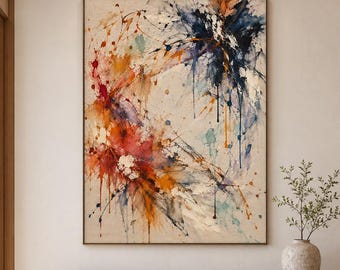 Quadri astratti colorati, pittura astratta moderna, arte espressionista, grande tela contemporanea, decorazione murale arancione e blu