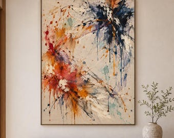 Quadri astratti colorati, pittura astratta moderna, arte espressionista, grande tela contemporanea, decorazione murale arancione e blu
