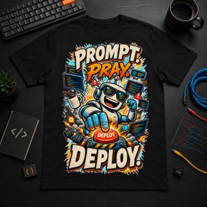 Może przedstawiać: Czarny t-shirt z grafiką uśmiechniętego robota w słuchawkach i okularach przeciwsłonecznych, naciskającego duży czerwony przycisk z napisem DEPLOY. Tekst PROMPT PRAY DEPLOY jest wyświetlany kolorowymi literami w otoczeniu okien z kodem.