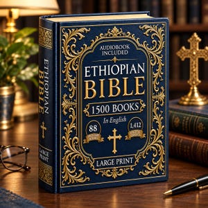 May include: A dark blue hardcover book titled Ethiopian Bible with gold embossed lettering and ornate filigree borders. The cover text reads Audiobook Included, 1500 Books, 88 Printed Books, 1412 Digital Books, and Large Print, featuring a central gold cross.