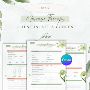 May include: An editable massage therapy client intake and consent form set featuring three pages with green watercolour leaf accents, text headers including Massage Therapy, Client Intake & Consent, and a circular blue and purple Canva logo.