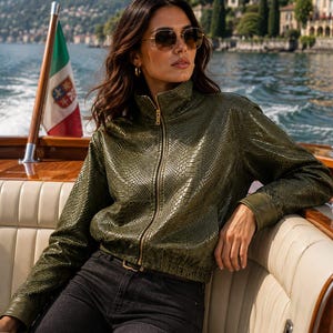 Women's Leather Jacket, Python Embossed Cropped Moto Style, Genuine Green Leather