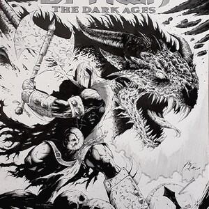 May include: Black and white comic art featuring Spawn wielding an axe against a dragon. The title "SPAWN THE DARK AGES" is displayed at the top. Skulls and dark, shadowy elements create a dramatic scene.
