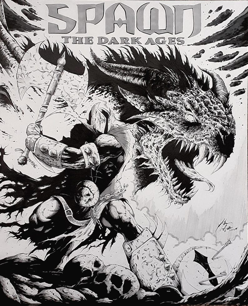May include: Black and white comic art featuring Spawn wielding an axe against a dragon. The title "SPAWN THE DARK AGES" is displayed at the top. Skulls and dark, shadowy elements create a dramatic scene.