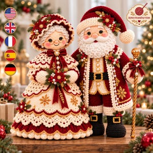 May include: Two crocheted dolls representing Santa Claus and Mrs. Claus. Santa wears a red and white suit with a black belt and holds a gold staff. Mrs. Claus wears a red and white dress with a matching bonnet. Both feature poinsettia accents.