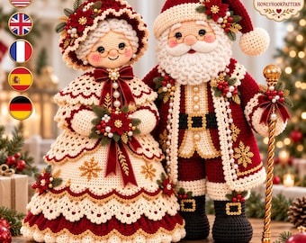 May include: Two crocheted dolls representing Santa Claus and Mrs. Claus. Santa wears a red and white suit with a black belt and holds a gold staff. Mrs. Claus wears a red and white dress with a matching bonnet. Both feature poinsettia accents.