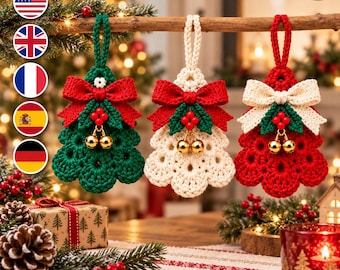 Crochet Christmas Bell Trio Pattern PDF | Three Hanging Ornaments with Scalloped Edges, Crochet Bows, Holly Leaves and Gold Bells