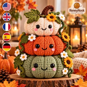 Crochet Pumpkin Stack Pattern PDF | Harvest Bloom Smiling Trio with Flowers & Curly Vines | Cozy Autumn Amigurumi Decor | 4 Languages