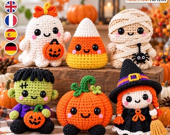 May include: A collection of six crocheted Halloween figures including a white ghost with an orange bow, a candy corn, a beige mummy with a black spider, a green Frankenstein monster, an orange pumpkin, and a witch with a broom and hat.