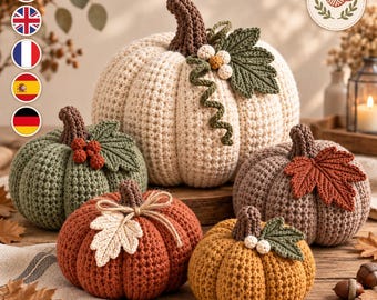 May include: A collection of five crocheted pumpkins in various sizes and colors, including cream, sage green, burnt orange, mustard yellow, and brown. Each pumpkin features a dark brown stem, crocheted leaves, and small decorative berries or vines.