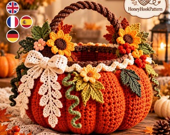 May include: A crocheted pumpkin-shaped basket with a braided handle, decorated with crocheted sunflowers, green leaves, berries, and a cream-colored lace bow. The basket features the text HoneyHookPattern in the upper right corner.