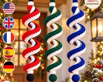 Christmas Wind Spinner Crochet Pattern PDF, Red Green Blue Spiral Ornament Trio with Bells for Handmade Holiday Window and Door Decor