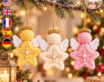 May include: Three crocheted star-shaped angel ornaments in yellow, cream, and pink. Each angel features white crocheted wings, a gold-colored halo, and a central vertical row of white pearls on the star body, hanging from gold strings.