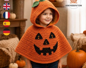 May include: A bright orange crochet hooded poncho featuring a jack-o'-lantern face with black triangular eyes, a triangular nose, and a jagged mouth. The hood is topped with a green crochet stem and leaf. The text HONEYHOOKPATTERN is visible.