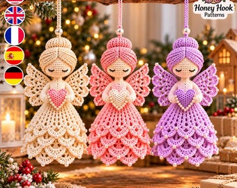 May include: Three crocheted angel ornaments hanging from a branch, each featuring a bun hairstyle, lacy wings, and a tiered skirt adorned with small white beads. The angels hold a heart in cream, pink, and purple colors respectively.