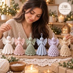 May include: Six handmade crochet angel ornaments in white, light pink, sage green, light blue, lavender, and cream. Each angel features a loop for hanging, detailed wings, and a unique skirt texture, including openwork, bobble, and solid stitch patterns.