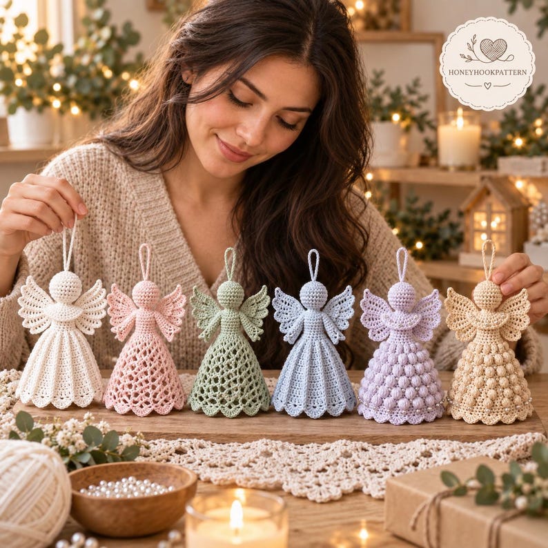 May include: Six handmade crochet angel ornaments in white, light pink, sage green, light blue, lavender, and cream. Each angel features a loop for hanging, detailed wings, and a unique skirt texture, including openwork, bobble, and solid stitch patterns.