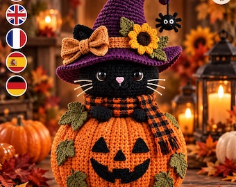 May include: A crocheted black cat plush wearing a purple witch hat with a yellow sunflower, a tan bow, and a dangling black spider. The cat has a black and orange plaid scarf and sits inside a large orange crocheted pumpkin with a jack-o'-lantern face.