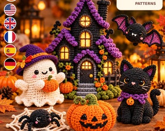 May include: A crochet set featuring a dark house with purple accents, a ghost wearing a purple hat, a black cat with a purple collar, a spider on a web, and a jack-o'-lantern. The text HoneyHook PATTERNS is visible in the corner.