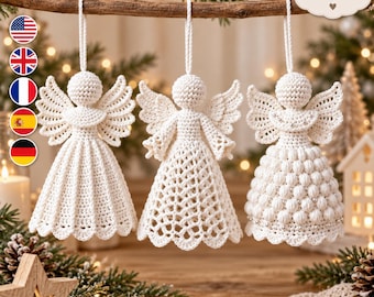 May include: Three off-white crochet angel ornaments hanging from a wooden branch. Each angel features a round head, spread wings, and a unique skirt design: one with solid stitches, one with an open lattice pattern, and one with textured bobble stitches.