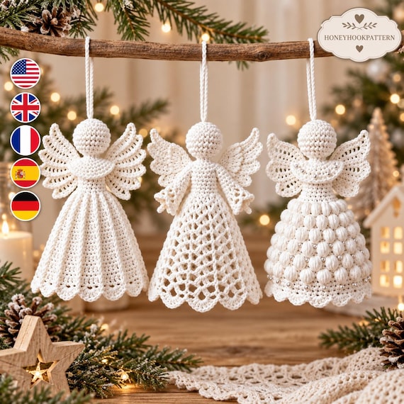 Crochet Angel Ornament Pattern PDF, 3 Angel Christmas Ornament Designs, Lace Puff & Scallop Crochet Tree Decor, Digital Pattern