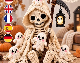 May include: A crocheted skeleton figure wearing a hooded cream-colored cloak, holding a dark brown scythe with a hanging black lantern containing a glowing ghost. Five small, cream-colored crocheted ghosts with pink cheeks surround the skeleton.