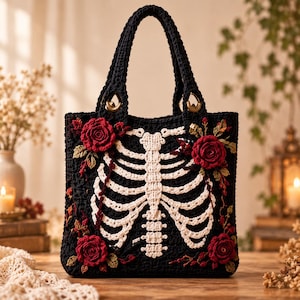 May include: A black crochet tote bag featuring a white skeletal rib cage design on the front. The bag is decorated with three-dimensional dark red crocheted roses and green leaves arranged around the rib cage. It has two sturdy black handles.