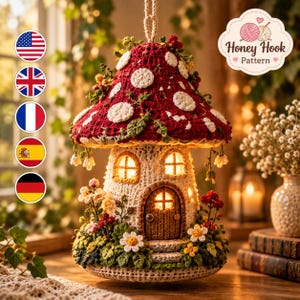 May include: A crocheted mushroom-shaped house with a red cap featuring white spots, a beige stem, and a brown door. The structure is decorated with small crocheted flowers and greenery. The interior is illuminated, and the text Honey Hook Pattern is visible.